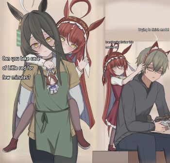 1boy 2girls ahoge animal_ear_hairband animal_ears apron black_hair black_pants black_pantyhose black_shirt blue_pants blunt_bangs blush brown_shirt carrying cat_ear_hairband cat_ears closed_eyes closed_mouth commentary crossed_bangs doll dress english_commentary fake_animal_ears glasses green_apron green_hair hair_between_eyes hairband highres holding holding_doll holding_hairband holding_toy horse_ears horse_girl horse_tail long_bangs long_hair long_sleeves manhattan_cafe_(umamusume) multiple_girls open_mouth pants pantyhose piggyback red_desire_(umamusume) red_dress red_hair red_shoes red_veil shirt shirt_under_shirt shoes short_hair short_sleeves sidelocks sweatdrop t-shirt tail tomatoidaphne toy trainer_(umamusume) umamusume veil waving white_shirt yellow_eyes