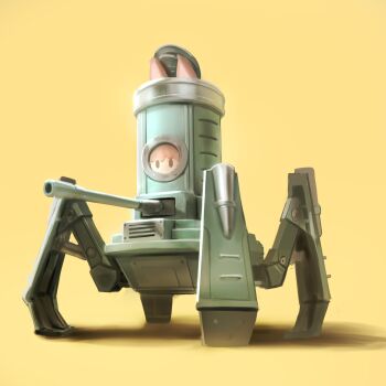 1other animal_ears black_eyes brown_hair cannon commentary english_commentary highres mecha mecha_focus military_vehicle motor_vehicle nekoita original robot round_window science_fiction shadow solid_oval_eyes solo tank tank_cupola very_long_ears walker_(robot) window yellow_background