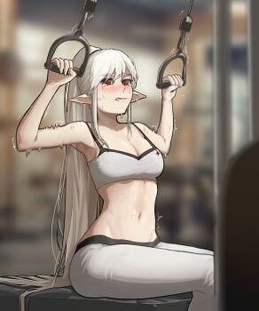 1girl absurdres blurry blurry_background blurry_foreground blush borrowed_character bra exercising exercise_machine feet_out_of_frame highres long_hair looking_at_viewer original pants pointy_ears ponytail red_eyes rusellunt shadow sitting solo sweat tears thighs underwear vampire_(gogalking) very_long_hair white_bra white_hair white_pants