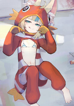 1girl :q alternate_costume animal_costume animal_ear_fluff animal_ears barefoot bikini blonde_hair blue_bikini blue_eyes blue_hair blue_nails cat_ears closed_mouth female_focus flat_chest highres indie_virtual_youtuber looking_at_viewer micro_bikini multicolored_hair nail_polish navel ok1teru open_clothes sameko_saba solo streaked_hair striped_bikini striped_clothes swimsuit toenail_polish toenails tongue tongue_out two-tone_hair