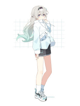 1girl :o absurdres alternate_costume bag black_hairband black_ribbon black_shorts blue_pupils blush commentary_request firefly_(honkai:_star_rail) floating_hair full_body gradient_hair grey_hair grid_background hair_between_eyes hair_intakes hair_ornament hair_ribbon hairband highres honkai:_star_rail honkai_(series) long_hair long_sleeves looking_at_viewer multicolored_eyes multicolored_hair multicolored_shoes official_alternate_costume parted_lips ribbon shoes shorts simple_background sneakers socks solo two-tone_eyes uwasewau waist_bag white_background white_bag white_socks
