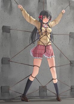 1girl absurdres anchor_(tie_down) bdsm black_hair black_socks blush bondage bound bound_ankles bound_breasts bound_legs bound_wrists bow breasts brown_eyes crotch_rope female_focus full_body hair_bow highres large_breasts long_hair looking_at_viewer minamoto_chikaru miniskirt open_mouth outstretched_arms restrained school_uniform shibari shibari_over_clothes skindentation skirt socks solo spread_arms spread_eagle_position spread_legs spreader_bar standing strawberry_panic! variant_set yuzu_koshou_(yuzukosyooisi)