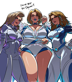 3girls blonde_hair blue_hair bodysuit breasts color_connection crossed_arm dagger_(marvel) earrings emma_frost english_text eyes_visible_through_hair female_focus gloves hair_color_connection hands_on_own_hips highres jewelry large_breasts lips looking_down marvel marvel_rivals medium_breasts multiple_girls pov serious sue_storm tina_fate trait_connection white_background