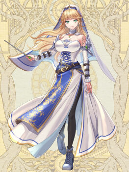 1girl armlet belt black_pantyhose blonde_hair bracer breasts cleavage corset dairoku_ryouhei dress earrings elizabeth_knights full_body green_eyes grey_shoes highres holding holding_wand jewelry kansai_takeru long_hair looking_at_viewer medium_breasts necklace pantyhose shoes smile solo standing wand white_dress yellow_background