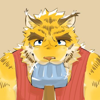 absurdres animal_ears bara blue_eyes chinese_commentary commentary_request food food_in_mouth furry furry_male highres looking_at_viewer male_focus morenatsu popsicle popsicle_in_mouth qianhaishenzhou red_tank_top tank_top tiger_boy tiger_ears tiger_stripes torahiko_oshima yellow_fur