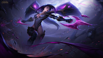 1girl armor artstation_username attack blood blurry blurry_background bodysuit breasts cleavage clenched_hands collarbone covered_navel detached_wings facial_mark facial_tattoo feet_out_of_frame fighting fighting_stance floating_hair forehead_mark forehead_tattoo foritis_wang highres kai'sa league_of_legends light lightning liquid long_hair looking_to_the_side magic medium_breasts monster multicolored_bodysuit outdoors outstretched_arms parted_lips plunging_neckline purple_blood purple_bodysuit purple_eyes purple_hair red_lips serious shoulder_armor skin_tight solo tattoo thighs underground weapon whisker_markings wings