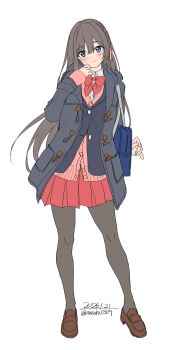 1girl absurdres bag blue_eyes blue_jacket blush bow bowtie braid breasts brown_hair brown_pantyhose cardigan closed_mouth coat collared_shirt commentary_request full_body grey_coat hair_ribbon highres jacket long_hair long_sleeves looking_at_viewer original pantyhose pink_cardigan pink_ribbon pleated_skirt red_bow red_bowtie red_skirt ribbon school_bag school_uniform shirt shoes simple_background skirt smile solo unasaka_ryou white_background white_shirt