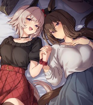 2girls admire_vega_(umamusume) animal_ears bag black_choker black_shirt blush breasts brown_hair brown_tail choker closed_mouth collarbone commentary_request curren_chan_(umamusume) ear_covers grey_hair grey_tail hair_between_eyes hand_on_own_chest handbag holding_hands horse_ears horse_girl horse_tail large_breasts long_hair long_sleeves looking_at_viewer low_ponytail lying multiple_girls on_back open_mouth ponytail puffy_short_sleeves puffy_sleeves purple_eyes red_eyes red_scrunchie scrunchie shirt short_hair short_sleeves smile starheart sweater tail umamusume white_sweater wrist_scrunchie
