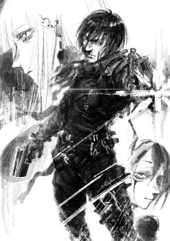 Rule 34 | 1boy, 2girls, belt, blame!, bodysuit, character request, closed mouth, commentary, cowboy shot, crying, dual wielding, facial scar, firing, graviton beam emitter, gun, hair between eyes, handgun, high contrast, highres, holding, holding gun, holding weapon, killy, looking at viewer, male focus, mn90047517, multiple belts, multiple girls, nose, scar, scar on cheek, scar on face, scar on mouth, sketch, standing, turning head, weapon, white background