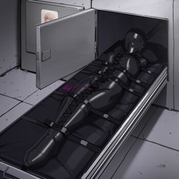 Rule 34 | 1girl, absurdres, bdsm, bondage, bound, breasts, commentary, commission, cross-laced clothes, english commentary, gimp mask, harris hero, highres, immobilization, lying, mask, medium breasts, on back, original, photo (object), second-party source, sex toy, sleepsack, solo, variant set, vibrator