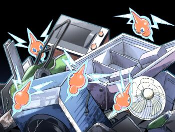 black_background blue_eyes bottle commentary_request electric_fan gen_4_pokemon lawnmower microwave mukiguri nintendo no_humans plug pokemon pokemon_(creature) refrigerator rotom rotom_(normal)