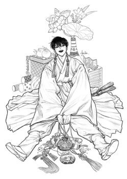 1boy :d between_legs bouquet clothing_request commentary dalchi09 earrings english_commentary flower full_body hand_between_legs holding jewelry kim_dokja korean_commentary looking_at_viewer lotus male_focus mixed-language_commentary omniscient_reader's_viewpoint open_mouth sitting smile solo spread_legs tassel tassel_earrings water_lily_flower wide_sleeves