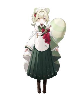 Rule 34 | 1girl, absurdres, animal ears, apron, bell, blonde hair, brown shoes, chinese commentary, closed mouth, closed umbrella, commentary request, copyright name, dress, frilled dress, frills, full body, green dress, green tail, hair bell, hair ornament, highres, izayoi (virtuareal), maid headdress, multicolored hair, nijisanji, official art, oil-paper umbrella, pleated dress, raccoon ears, raccoon girl, raccoon tail, shoes, short eyebrows, side ponytail, simple background, smile, solo, standing, streaked hair, striped tail, tail, transparent background, umbrella, virtual youtuber, virtuareal, white apron, white hair, yellow eyes