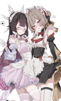 2girls absurdres apron black_dress black_hair blush breasts brown_hair cleavage coa_(35_seno) colored_inner_hair columbina_(genshin_impact) commentary detached_sleeves dress english_commentary eye_mask frilled_dress frills genshin_impact grey_eyes hair_bun hair_ornament highres large_breasts long_hair looking_at_viewer maid maid_headdress mask medium_breasts multicolored_hair multiple_girls open_mouth pink_dress pink_hair sandrone_(genshin_impact) simple_background smile thighhighs waist_apron white_apron white_background white_mask white_thighhighs white_wings wing_hair_ornament wings x-shaped_eyewear