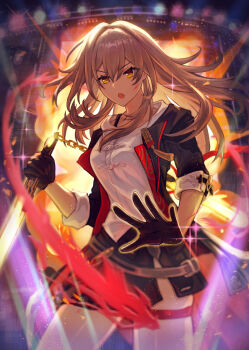 Rule 34 | 1girl, absurdres, black jacket, black skirt, dragon, energy, explosion, explosion background, gloves, grey hair, highres, honkai: star rail, honkai (series), isome, jacket, long hair, multiple girls, nunchaku, shirt, skirt, stage lights, stelle (honkai: star rail), stelle (vim and vigor) (honkai: star rail), thigh strap, trailblazer (honkai: star rail), weapon, white shirt, yellow eyes