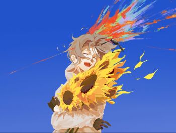 1boy aestro_111 aotsuki_eito black_gloves blue_background bouquet brown_hair closed_eyes floating_hair flower gloves headshot highres holding holding_bouquet holding_flower injury jacket male_focus pale_skin petals sunflower sunglasses the_hundred_line_-last_defense_academy- white_jacket