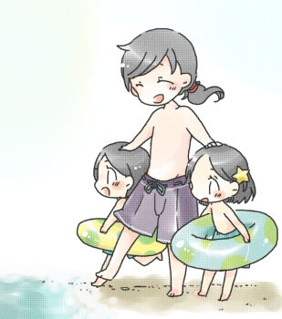 3boys bare_legs beach black_hair chibi closed_eyes contemporary elrond elros floating_hair full_body hand_on_another&#039;s_head humanization inflatable_toy maglor male_focus multiple_boys open_mouth outdoors parted_bangs pixiv_id_1298298 ponytail running standing step-parent_and_step-child swim_ring swimsuit the_silmarillion tolkien&#039;s_legendarium topless_male water