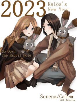 Rule 34 | 1boy, 1girl, 2023, alternate costume, animal ears, black hair, brown coat, brown hair, brown scarf, bunnelby, calem (pokemon), chinese zodiac, coat, delixixd, gen 6 pokemon, grey eyes, highres, looking at viewer, nintendo, pokemon, pokemon (creature), pokemon xy, rabbit ears, scarf, serena (pokemon), simple background, squatting, white background, year of the rabbit