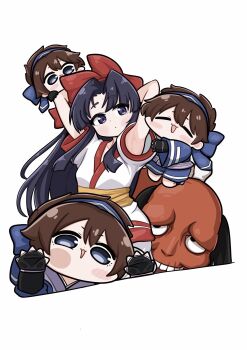 Rule 34 | 1boy, 2girls, against glass, ainu clothes, armpits, arms behind head, black hair, blue eyes, breasts, brown hair, chibi, clone, fingerless gloves, fourth wall, gloves, hair ribbon, highres, legs, long hair, looking at viewer, monster, multiple girls, nakoruru, open mouth, pants, purple eyes, purple hair, ribbon, rimururu, samurai spirits, shorts, siblings, sisters, small breasts, smile, snk, teeth, the king of fighters, thighs, tongue, youkai kusaregedo