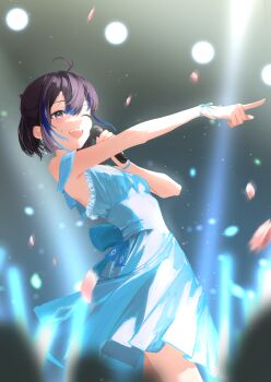 1girl ;d absurdres ahoge alternate_costume black_hair blue_dress blue_hair blurry blurry_background blurry_foreground center-flap_bangs cohi27151463 commentary_request double-parted_bangs dress earrings frilled_dress frills hair_between_eyes half_updo highres holding holding_microphone indie_virtual_youtuber jewelry microphone multicolored_hair one_eye_closed open_mouth outstretched_arm pointing short_hair sleeveless sleeveless_dress smile solo streaked_hair teeth upper_teeth_only yubari_rei