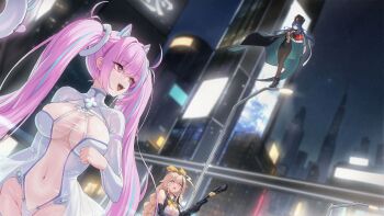 3girls azur_lane blonde_hair blue_ribbon breasts bright_pupils cape center_opening city city_lights cleavage cleavage_cutout clothing_cutout covered_navel game_cg green_hair highres holding leotard looking_to_the_side marco_polo_(azur_lane) multiple_girls night non-web_source pasadena_(azur_lane) pink_eyes pink_hair red_eyes ribbon symbol-shaped_pupils white_pupils william_d._porter_(azur_lane)