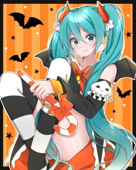 1girl aqua_eyes aqua_hair bat_(animal) bat_wings black_border border bow candy candy_cane closed_mouth commentary_request detached_sleeves eyelashes food halloween hatsune_miku highres holding holding_candy holding_candy_cane holding_food long_hair multicolored_thighhighs orange_background orange_bow sitting smile solo star_(symbol) striped_background striped_clothes striped_thighhighs supo01 thighhighs twintails two-tone_thighhighs vertical-striped_background very_long_hair vocaloid wings