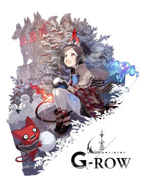 Rule 34 | 1girl, :d, black footwear, black gloves, commentary request, fire, full body, gloves, highres, holding, horns, inari, mea (ta ga tame no alchemist), official alternate costume, official art, open mouth, outdoors, pantyhose, red eyes, second-party source, skirt, smile, snow, snow rabbit, snowball, snowman, solo, stairs, ta ga tame no alchemist, tail, tree, two side up, watarubou, white pantyhose, winter