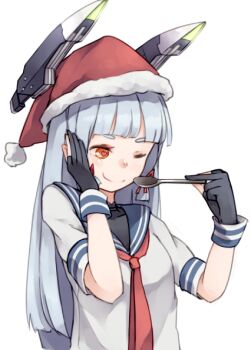 1girl black_gloves blue_hair blunt_bangs christmas dress gloves hand_on_own_cheek hand_on_own_face hat headgear heart heart-shaped_pupils holding holding_spoon kantai_collection long_hair makihitsuji murakumo_(kancolle) neckerchief one_eye_closed orange_eyes partially_fingerless_gloves red_neckerchief sailor_collar sailor_dress santa_hat short_sleeves simple_background smile solo spoon symbol-shaped_pupils white_background white_dress