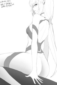 Rule 34 | absurdres, ass, blue archive, bodysuit, breasts, commentary request, earclip, ein tiger, from behind, greyscale, highres, himari (blue archive), himari (bodysuit) (blue archive), korean commentary, korean text, long hair, looking at viewer, looking back, mole, mole under eye, monochrome, multicolored bodysuit, official alternate costume, pointy ears, simple background, sitting, small breasts, translation request, two-tone bodysuit, white background, white bodysuit