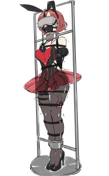 1girl animal_ear_hairband animal_ears armbinder arms_behind_back bdsm bondage bound bound_ankles bound_arms bound_legs bound_torso bound_wrists bow bowtie breast_bondage breasts brown_hair detached_collar eudetenis fake_animal_ears gag gag_harness gagged hairband highres higuchi_madoka idolmaster idolmaster_shiny_colors immobilization leotard muzzle_gag object_insertion playboy_bunny rabbit_ear_hairband rabbit_ears restrained sex_toy shibari shibari_over_clothes short_hair standing_restraints stationary_restraints strap swept_bangs upright_restraints vibrator