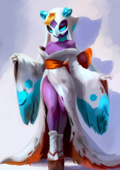 1girl absurdres baddelz bare_shoulders blue_eyes breasts character_request colored_skin commentary commission dress english_commentary froslass gen_4_pokemon highres long_sleeves medium_breasts nintendo ofuda ofuda_on_head okobo platform_sandals pokemon purple_fur purple_skin sandals socks solo tabi white_dress white_socks