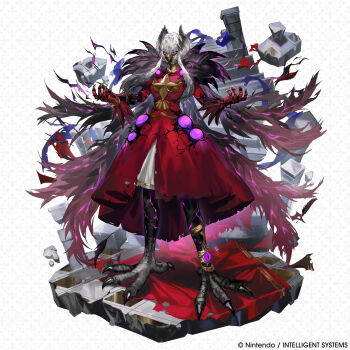 1girl absurdres beak bird_girl claws commentary corruption dress edelgard_von_hresvelg edelgard_von_hresvelg_(hegemon) english_commentary feather_cape feathered_wings fire_emblem fire_emblem:_three_houses fire_emblem_shadows full_body glaring glowing glowing_eyes grey_hair head_wings highres looking_at_viewer monster_girl multicolored_hair nintendo official_alternate_costume official_art red_dress short_hair_with_long_locks solo standing talons two-tone_hair white_hair wings