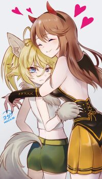 Rule 34 | 2girls, ahoge, alternate costume, animal ears, arm warmers, bare shoulders, belt, black tank top, blonde hair, blue eyes, blush, breasts, brown hair, closed eyes, closed mouth, commentary request, cowboy shot, dated, demon horns, demon wings, fake claws, fake horns, fake wings, floating hair, from behind, fur collar, green shorts, hair between eyes, halloween, heart, high ponytail, highres, horns, hug, huge ahoge, kemonomimi mode, long hair, looking at viewer, looking back, medium breasts, multiple girls, orange ribbon, orange skirt, pleated skirt, ponytail, ribbon, short shorts, shorts, signature, simple background, skirt, smile, standing, tail, tank top, tanya degurechaff, v-shaped eyebrows, viktoriya ivanovna serebryakov, white background, white tank top, wings, wolf ears, wolf tail, yellow belt, youda (seravichacha), youjo senki, yuri