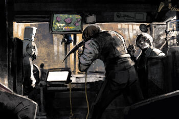 1girl 1other 2boys absurdres brown_hair bug_arm bus bus_interior charon_(project_moon) dante_(devil_may_cry) gregor_(project_moon) grey_hair hat highres holding holding_microphone limbus_company lyrics microphone monitor motor_vehicle multiple_boys project_moon red_eyes singing the_g_(bhu204) vergilius_(project_moon)