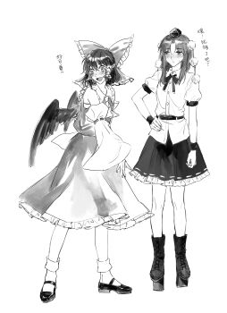 Rule 34 | 2girls, absurdres, aihara-rina, alternate costume, ascot, blush, boots, bow, chinese commentary, chinese text, collared shirt, commentary request, cosplay, costume switch, frilled bow, frilled hair tubes, frilled skirt, frills, geta, greyscale, hair bow, hair tubes, hakurei reimu, hakurei reimu (cosplay), hand on own hip, hat, highres, long hair, mary janes, monochrome, multiple girls, open mouth, pom pom (clothes), puffy short sleeves, puffy sleeves, ribbon-trimmed sleeves, ribbon trim, shameimaru aya, shameimaru aya (cosplay), shirt, shoes, short sleeves, skirt, smile, socks, sweatdrop, tengu-geta, tokin hat, touhou, translation request, wings