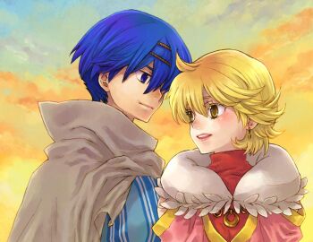 Rule 34 | 1boy, 1girl, baten kaitos, blonde hair, blue eyes, blue hair, closed mouth, colored eyelashes, commentary request, earrings, gold earrings, gold necklace, grey cloak, hair between eyes, hair over one eye, jewelry, kalas (baten kaitos), necklace, open mouth, pink lips, saikachi (ogre tree), short hair, smile, teeth, upper teeth only, xelha (baten kaitos), yellow eyes