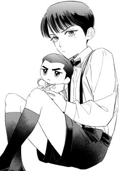 1boy bow bowtie character_doll collared_shirt commentary_request dojima_daigo doll greyscale highres kawabata_arata kiryu_kazuma kneehighs male_focus monochrome ryuu_ga_gotoku_(series) ryuu_ga_gotoku_0 shirt shorts socks solo suspender_shorts suspenders traditional_bowtie