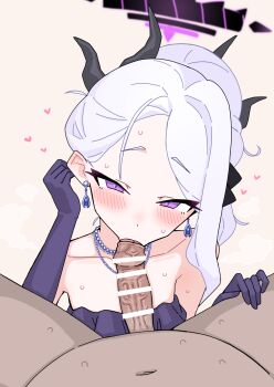 1boy 1girl black_halo blue_archive blush breasts commentary_request demon_girl demon_horns dress elbow_gloves fellatio foreskin gloves halo heart highres hina_(blue_archive) hina_(dress)_(blue_archive) horns long_hair looking_at_viewer navel oral paid_reward_available penis phimosis purple_dress purple_eyes purple_gloves small_breasts sukarabeeto white_hair