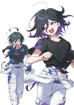 :d absurdres alternate_costume black_hair black_shirt blush bodypaint danganronpa_(series) danganronpa_v3:_killing_harmony hair_between_eyes happy highres jacket long_sleeves looking_at_another male_focus navel oma_kokichi open_mouth pants purple_eyes running saihara_shuichi shirt short_hair short_sleeves simple_background smile sweater ttegi_(ddeck_dg) white_background white_pants white_sweater