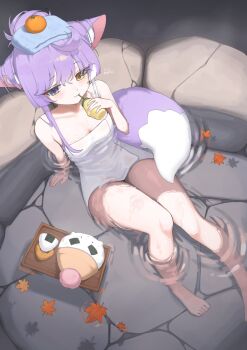 1girl absurdres afloat animal_ears blue_eyes breasts cup disposable_cup drinking drinking_straw food food_on_head fox_ears fox_girl fox_tail fruit fruit_on_head hair_bun heterochromia highres inari_(tenko_shibuki) leaf looking_at_viewer multicolored_hair mwahbiing naked_towel object_on_head onigiri partially_submerged purple_hair single_hair_bun sitting stellive streaked_hair tail tenko_shibuki thighs towel towel_on_head virtual_youtuber water white_hair yellow_eyes
