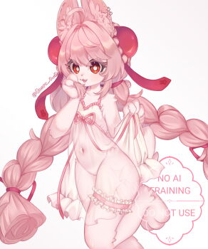 1girl :3 absurdres ahoge alternate_costume animal_ear_fluff animal_ear_piercing animal_ears animal_feet braid braided_twintails bright_pupils collarbone frilled_thigh_strap furry furry_female groin hashtag-only_commentary highres leg_up long_hair navel nightgown onora_owo open_mouth pink_fur pink_hair pink_ribbon rabbit_ears rabbit_girl red_eyes ribbon see-through_clothes simple_background solo thigh_strap twitter_username white_background white_nightgown white_pupils zenless_zone_zero zhao_(zenless_zone_zero)