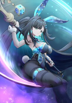 1girl abigail_(black_survival) animal_ears aqua_eyes aqua_hair bare_arms black_background black_bodystocking black_hair black_survival blue_leotard breasts commentary_request cropped detached_collar dice drawing_rak eternal_return:_black_survival hair_ornament hairclip high_heels highres holding holding_scythe large_breasts leotard long_hair multicolored_hair pantyhose playboy_bunny purple_hair rabbit_ears rabbit_tail scythe sidelocks solo tail very_long_hair wrist_cuffs