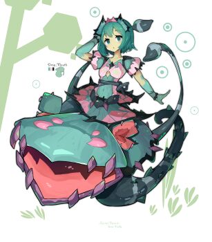 1girl :o absurdres alraune blush circle clothing_cutout color_guide colored_skin commentary_request covered_navel dot_nose dress english_text extra_mouth fangs flat_chest grass green_dress green_eyes green_hair green_skin hand_on_own_head highres juliet_sleeves long_sleeves looking_at_viewer medium_hair monster_girl open_mouth original pink_dress plant plant_girl puffy_sleeves shitoi_(aqua1487) simple_background smile solo tentacles thorns tiara tree two-tone_dress underboob_cutout venus_flytrap vine_tentacle white_background