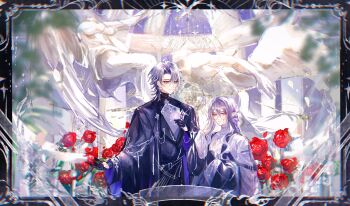 1boy 1girl absurdres angel_statue black_border black_cape black_gloves black_jacket black_robe border cape chinese_commentary church closed_mouth cross cross_necklace cross_print curtained_hair earrings flower glasses gloves grey_hair hair_between_eyes half_gloves hand_on_own_chest hand_up height_difference highres indoors jacket jewelry lapel_pin long_hair long_sleeves looking_at_another looking_at_viewer luludeer386 mixed-language_commentary necklace original ornate_border outstretched_arm purple_cape purple_eyes purple_hair red_flower red_rose robe rose round_eyewear sharp_teeth shirt side-by-side sleeves_past_wrists smile standing statue teeth turtleneck turtleneck_shirt two-sided_cape two-sided_fabric upper_body white_cape white_shirt wide_sleeves