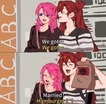 2girls arm_around_shoulder bag english_text highres jinx_(league_of_legends) kid_sppinarl league_of_legends long_hair lux_(league_of_legends) multiple_girls paper_bag parody pink_hair shirt star_guardian_(league_of_legends) star_guardian_jinx star_guardian_lux twintails yuri