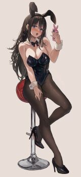1girl absurdres animal_ear_hairband animal_ears black_bow black_bowtie black_hair black_hairband black_leotard black_shoes blush bow bowtie breasts brown_pantyhose cellphone commentary_request detached_collar double-parted_bangs fake_animal_ears full_body hairband hand_on_own_thigh hand_up high_heels highres holding holding_phone large_breasts leg_up leotard long_hair looking_at_viewer mole mole_on_breast nose_blush on_stool original pantyhose phone playboy_bunny pumps purple_eyes rabbit_ear_hairband rabbit_ears saya_(mychristian2) shoes simple_background sitting smartphone solo stool strapless strapless_leotard white_background white_wrist_cuffs wrist_cuffs