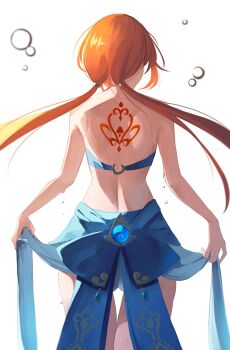 1girl absurdres back back_tattoo bare_shoulders blue_skirt commentary cowboy_shot from_behind genshin_impact highres hydro_symbol_(genshin_impact) long_hair nilou_(genshin_impact) no_detached_sleeves no_headwear red_hair remirii skirt skirt_hold solo standing tattoo twintails very_long_hair white_background