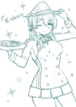 +++ 1girl anchor_hair_ornament blush braid breasts closed_mouth commentary_request food german_text hair_ornament hand_on_headwear hat highres holding holding_tray kantai_collection long_hair looking_at_viewer medium_breasts military_uniform monochrome nagi_kantai114 one_eye_closed peaked_cap plate pleated_skirt prinz_eugen_(kancolle) simple_background single_braid skirt solo sparkle translation_request tray twintails