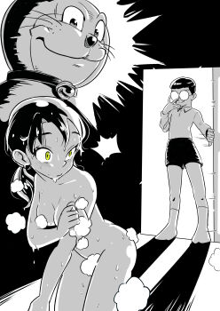 1boy 1girl absurdres bathing bathroom censored_nipples clothed_male_nude_male convenient_censoring doraemon doraemon_(character) glasses green_eyes highres minamoto_shizuka nobi_nobita nude shirt shorts soap_bubbles soap_censor socks twintails wet yuichi_ishikawa