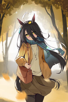 1girl absurdres ahoge animal_ears bag black_hair black_pantyhose blush brown_jacket brown_skirt dev_grater ear_tag earrings hair_between_eyes highres horse_ears horse_girl horse_tail jacket jewelry leaf leaf_on_head long_bangs long_hair long_hair_between_eyes long_sleeves looking_at_viewer manhattan_cafe_(umamusume) multicolored_hair necklace open_clothes open_jacket pantyhose scarf shoulder_bag single_earring skirt solo sweater tail umamusume very_long_hair white_hair white_sweater yellow_eyes